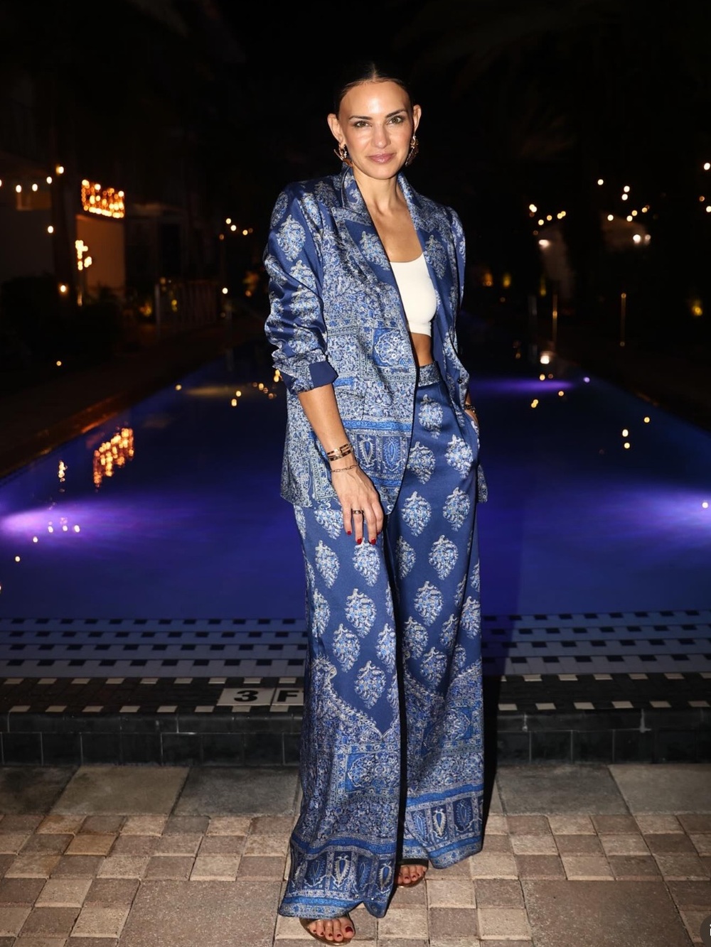 Kobi Halperin Paisley Wide Leg Pants Blazer Set Blue Satin M